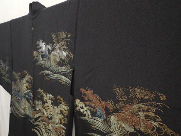 Photo2: 6917T07z540 Vintage Japanese Kimono Silk HAORI Wave Black (2)