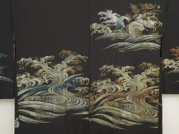 Photo3: 6917T07z540 Vintage Japanese Kimono Silk HAORI Wave Black (3)