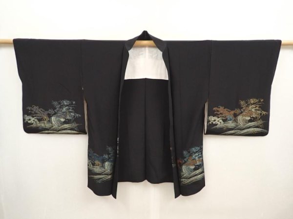 Photo6: 6917T07z540 Vintage Japanese Kimono Silk HAORI Wave Black (6)
