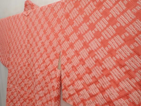 Photo2: 6917T08z480 Vintage Japanese Kimono Silk SHIBORI HAORI  Coral pink (2)