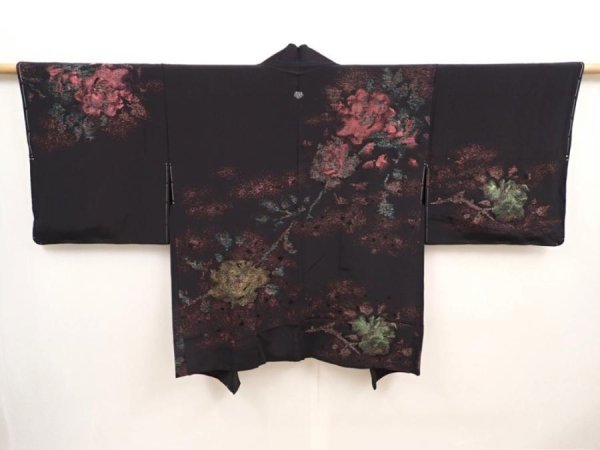 Photo1: 6917T09z620 Vintage Japanese Kimono Silk HAORI Rose Black (1)