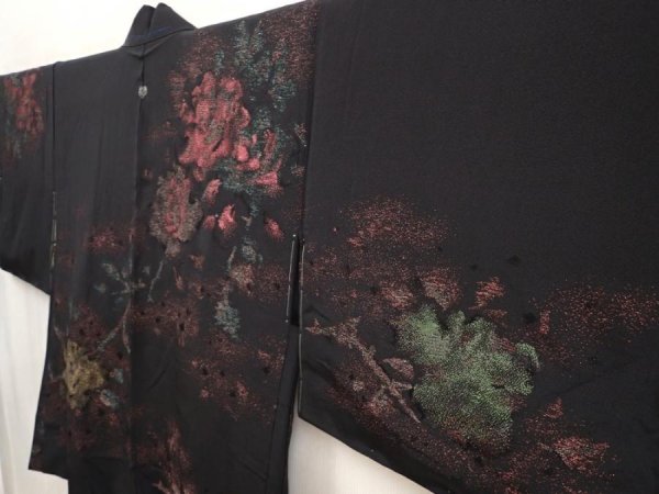 Photo2: 6917T09z620 Vintage Japanese Kimono Silk HAORI Rose Black (2)