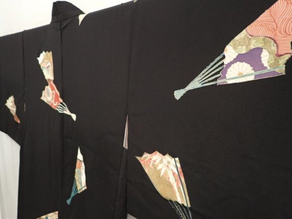 Photo4: 6917T10z590 Vintage Japanese Kimono Silk HAORI Folding fan Black (4)