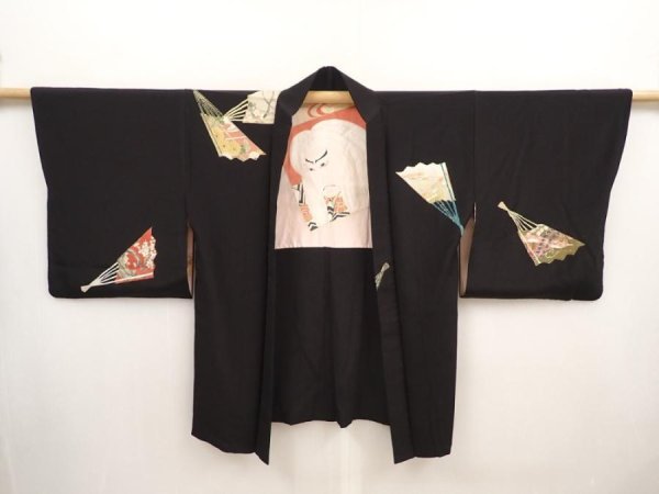 Photo5: 6917T10z590 Vintage Japanese Kimono Silk HAORI Folding fan Black (5)