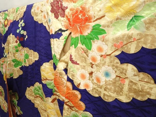Photo2: 6917T11z1280 Vintage Japanese Kimono Silk FURISODE Flowers Dark lavender blue (2)