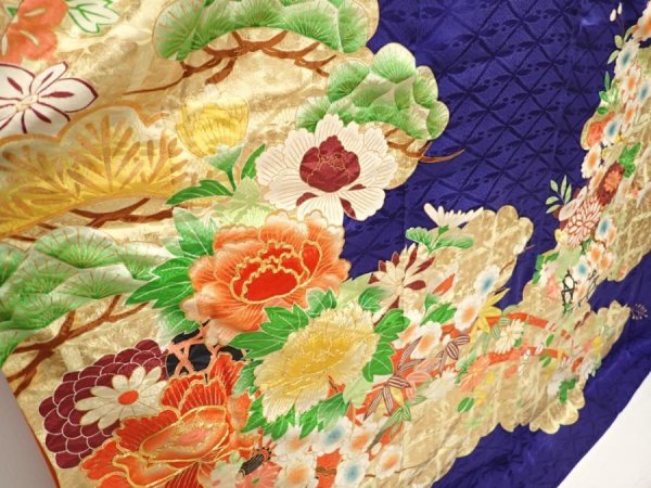 Photo3: 6917T11z1280 Vintage Japanese Kimono Silk FURISODE Flowers Dark lavender blue (3)