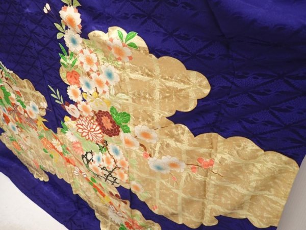 Photo4: 6917T11z1280 Vintage Japanese Kimono Silk FURISODE Flowers Dark lavender blue (4)