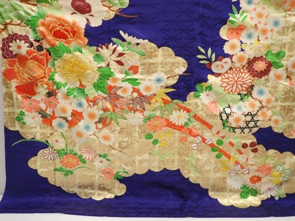 Photo5: 6917T11z1280 Vintage Japanese Kimono Silk FURISODE Flowers Dark lavender blue (5)