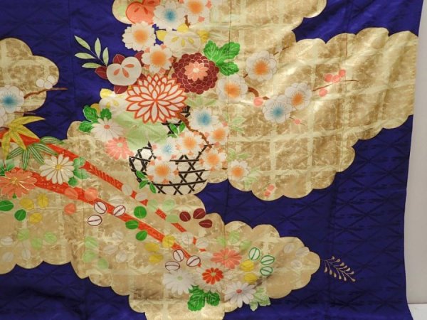Photo6: 6917T11z1280 Vintage Japanese Kimono Silk FURISODE Flowers Dark lavender blue (6)