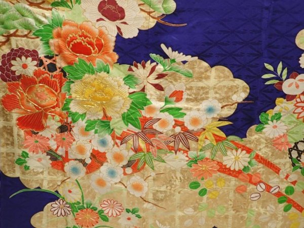 Photo7: 6917T11z1280 Vintage Japanese Kimono Silk FURISODE Flowers Dark lavender blue (7)