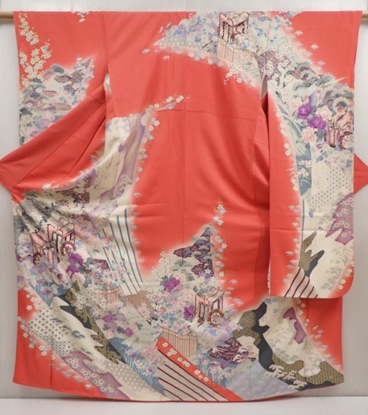 Photo1: 6917T12z1160 Vintage Japanese Kimono Silk FURISODE Flowers Red-Pink (1)