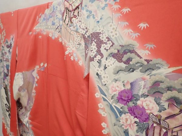 Photo2: 6917T12z1160 Vintage Japanese Kimono Silk FURISODE Flowers Red-Pink (2)