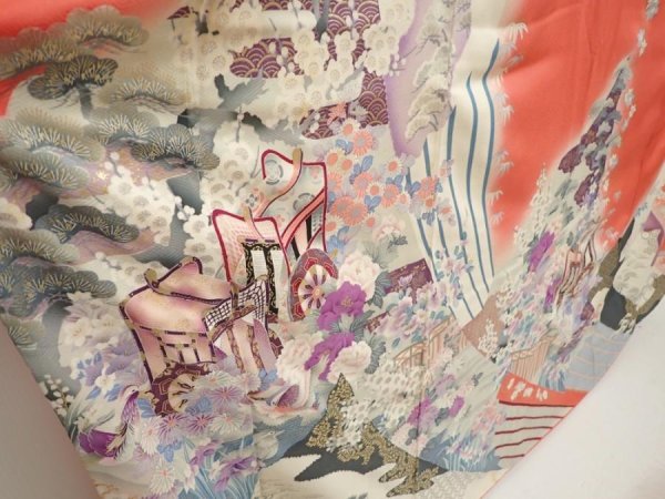 Photo3: 6917T12z1160 Vintage Japanese Kimono Silk FURISODE Flowers Red-Pink (3)