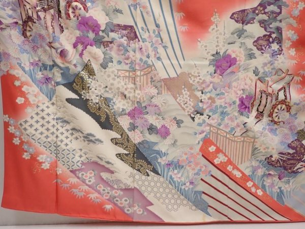 Photo6: 6917T12z1160 Vintage Japanese Kimono Silk FURISODE Flowers Red-Pink (6)