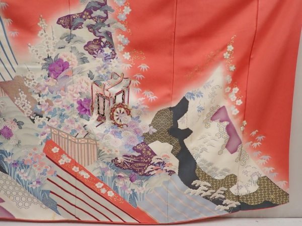 Photo7: 6917T12z1160 Vintage Japanese Kimono Silk FURISODE Flowers Red-Pink (7)