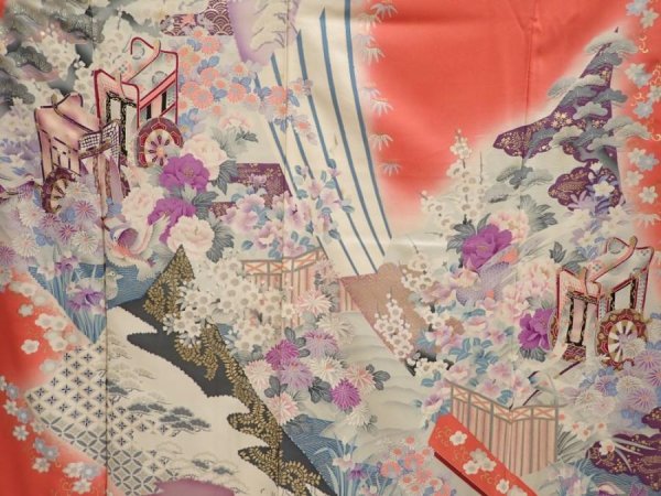 Photo8: 6917T12z1160 Vintage Japanese Kimono Silk FURISODE Flowers Red-Pink (8)