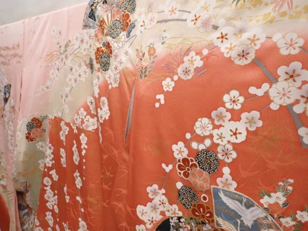 Photo2: 6917T13z1180  Japanese Kimono Silk FURISODE Folding fan Dark coral (2)