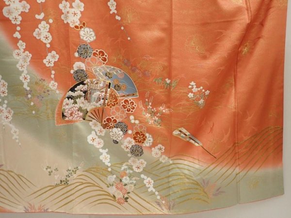 Photo7: 6917T13z1180  Japanese Kimono Silk FURISODE Folding fan Dark coral (7)