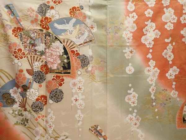 Photo8: 6917T13z1180  Japanese Kimono Silk FURISODE Folding fan Dark coral (8)