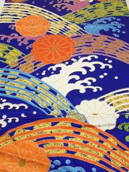 Photo1: 4D01z60  Japanese Kimono Silk  FABRIC Wave Dark blue 46.1x15.0 (1)