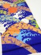Photo2: 4D01z60  Japanese Kimono Silk  FABRIC Wave Dark blue 46.1x15.0 (2)