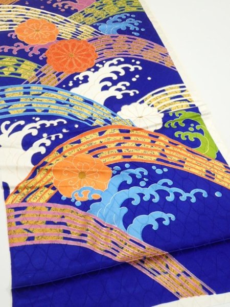 Photo2: 4D01z60  Japanese Kimono Silk  FABRIC Wave Dark blue 46.1x15.0 (2)