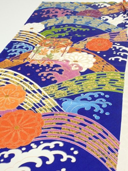 Photo3: 4D01z60  Japanese Kimono Silk  FABRIC Wave Dark blue 46.1x15.0 (3)