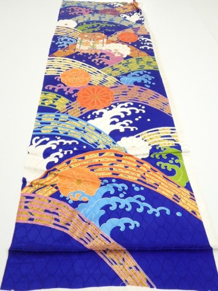 Photo5: 4D01z60  Japanese Kimono Silk  FABRIC Wave Dark blue 46.1x15.0 (5)