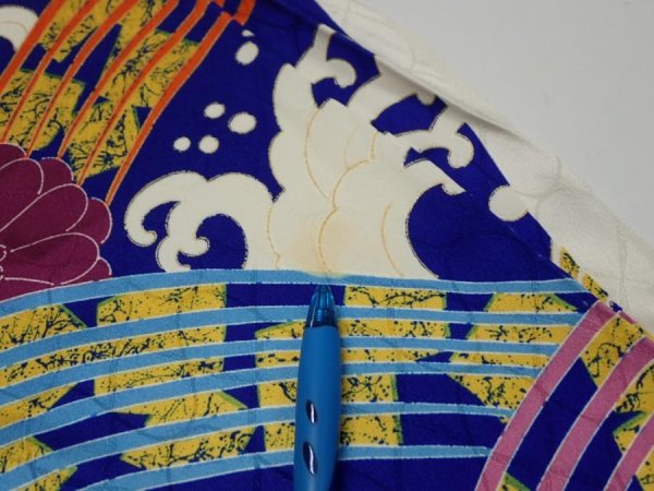 Photo6: 4D01z60  Japanese Kimono Silk  FABRIC Wave Dark blue 46.1x15.0 (6)