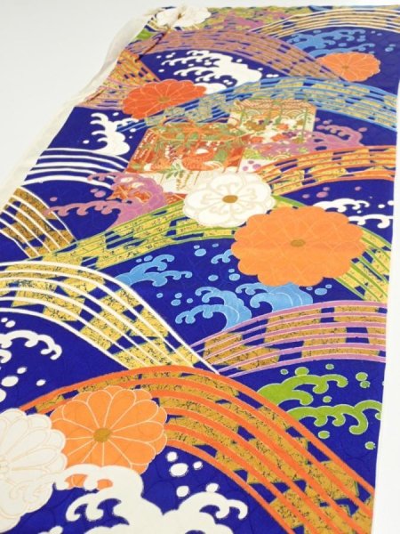 Photo3: 4D02z60  Japanese Kimono Silk  FABRIC Wave Dark blue 46.1x15.0 (3)