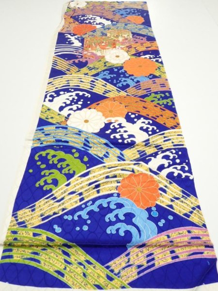 Photo5: 4D02z60  Japanese Kimono Silk  FABRIC Wave Dark blue 46.1x15.0 (5)