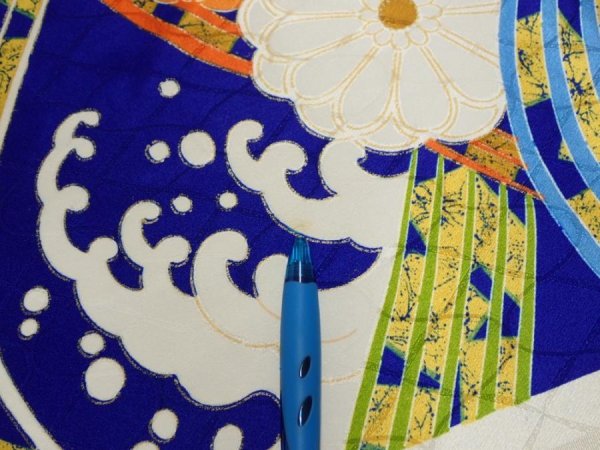 Photo8: 4D02z60  Japanese Kimono Silk  FABRIC Wave Dark blue 46.1x15.0 (8)