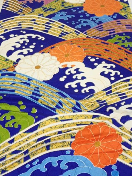 Photo1: 4D03z70  Japanese Kimono Silk  FABRIC Wave Dark blue 48.8x15.0 (1)