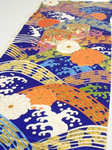 Photo3: 4D03z70  Japanese Kimono Silk  FABRIC Wave Dark blue 48.8x15.0 (3)