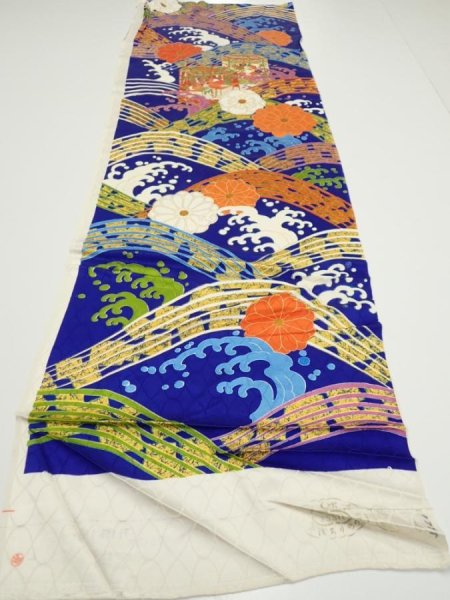 Photo5: 4D03z70  Japanese Kimono Silk  FABRIC Wave Dark blue 48.8x15.0 (5)