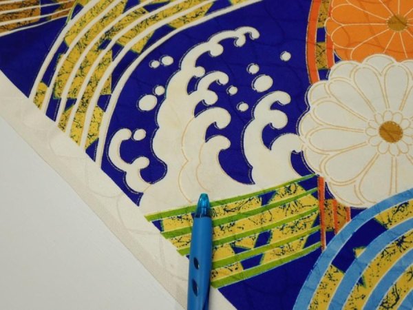 Photo9: 4D03z70  Japanese Kimono Silk  FABRIC Wave Dark blue 48.8x15.0 (9)