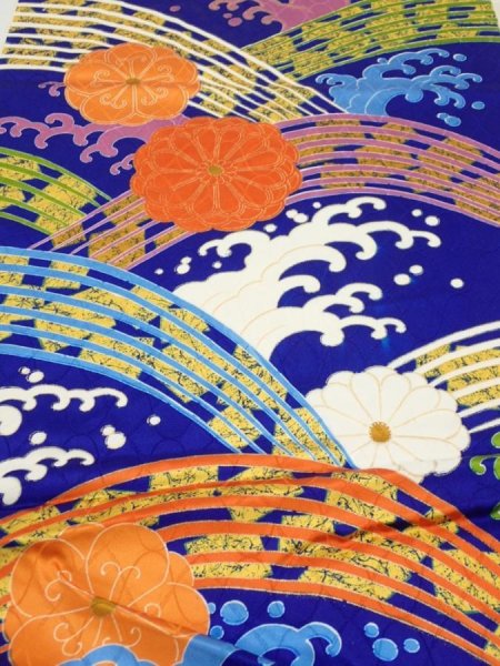Photo1: 4D04z60  Japanese Kimono Silk  FABRIC Wave Dark blue 44.5x15.0 (1)