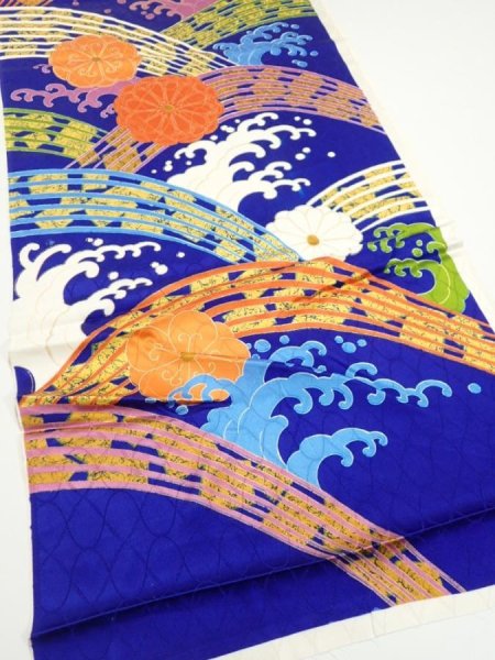 Photo2: 4D04z60  Japanese Kimono Silk  FABRIC Wave Dark blue 44.5x15.0 (2)
