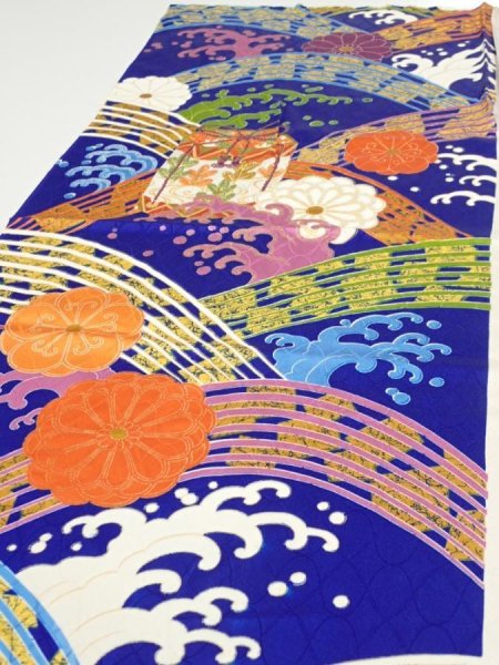 Photo3: 4D04z60  Japanese Kimono Silk  FABRIC Wave Dark blue 44.5x15.0 (3)