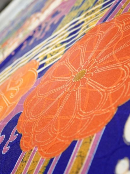 Photo4: 4D04z60  Japanese Kimono Silk  FABRIC Wave Dark blue 44.5x15.0 (4)