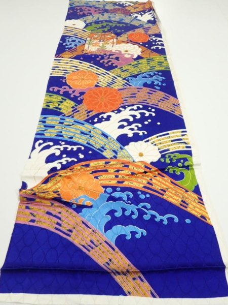 Photo5: 4D04z60  Japanese Kimono Silk  FABRIC Wave Dark blue 44.5x15.0 (5)