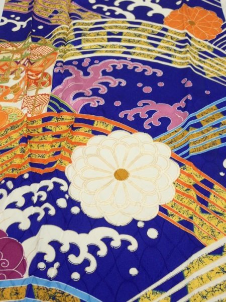 Photo1: 4D05z90  Japanese Kimono Silk  FABRIC Wave Dark blue 67.7x15.0 (1)
