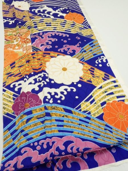 Photo2: 4D05z90  Japanese Kimono Silk  FABRIC Wave Dark blue 67.7x15.0 (2)
