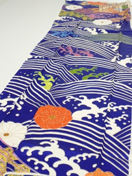 Photo3: 4D05z90  Japanese Kimono Silk  FABRIC Wave Dark blue 67.7x15.0 (3)