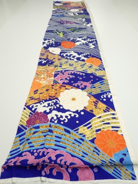 Photo5: 4D05z90  Japanese Kimono Silk  FABRIC Wave Dark blue 67.7x15.0 (5)
