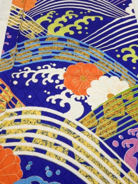 Photo1: 4D06z90  Japanese Kimono Silk  FABRIC Wave Dark blue 67.7x15.0 (1)
