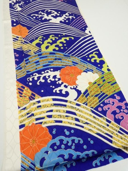 Photo2: 4D06z90  Japanese Kimono Silk  FABRIC Wave Dark blue 67.7x15.0 (2)