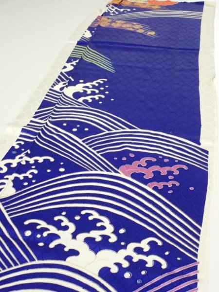 Photo3: 4D06z90  Japanese Kimono Silk  FABRIC Wave Dark blue 67.7x15.0 (3)