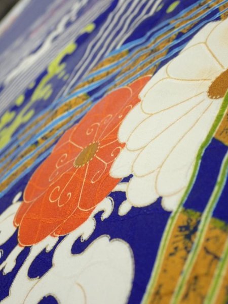 Photo4: 4D06z90  Japanese Kimono Silk  FABRIC Wave Dark blue 67.7x15.0 (4)