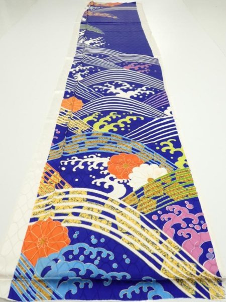 Photo5: 4D06z90  Japanese Kimono Silk  FABRIC Wave Dark blue 67.7x15.0 (5)